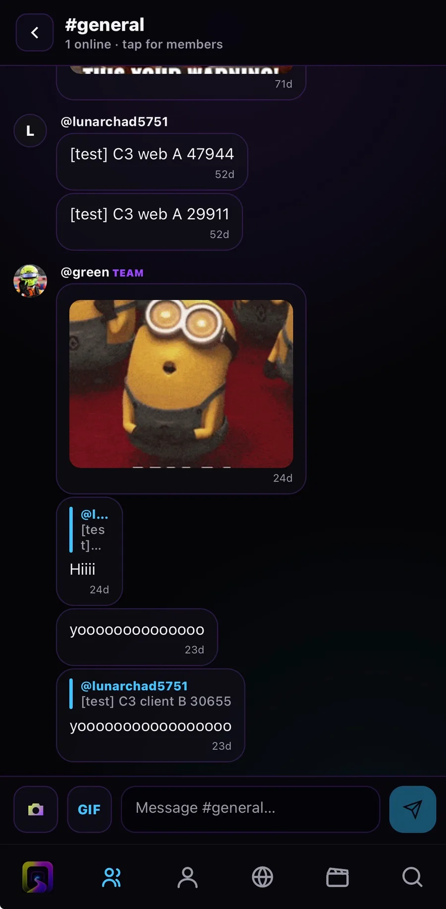 A holder-gated live chat room with photos, GIFs and replies