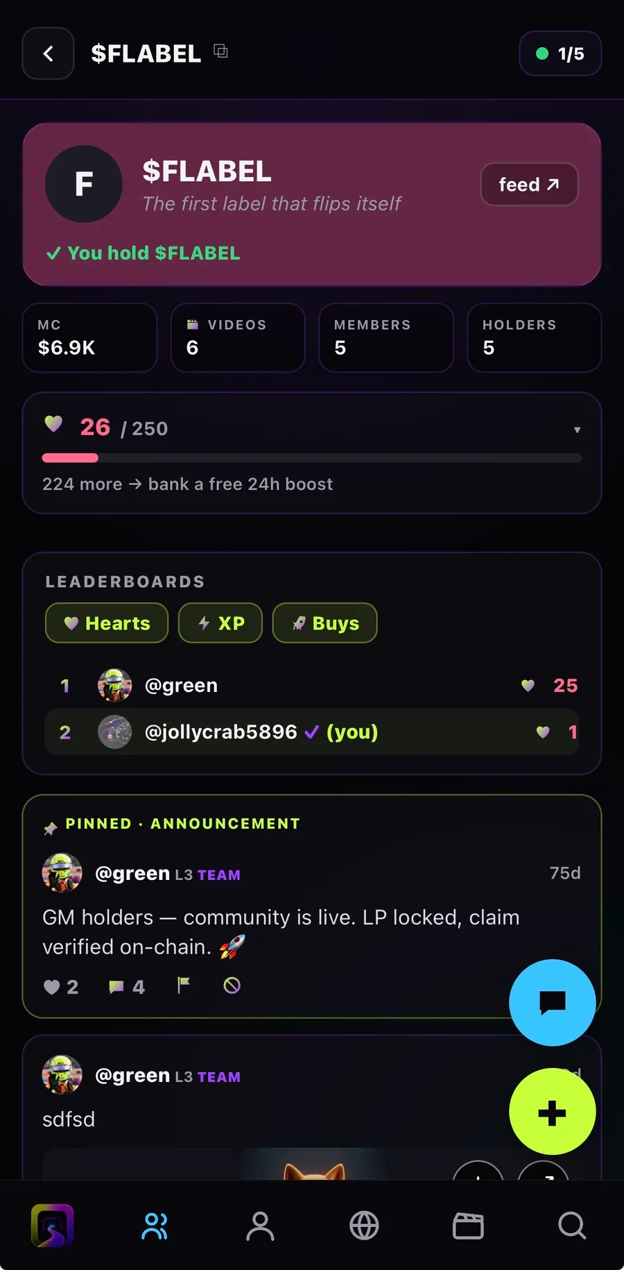 A Skripe community: holder check, market cap, hearts meter and the Hearts, XP and Buys leaderboards