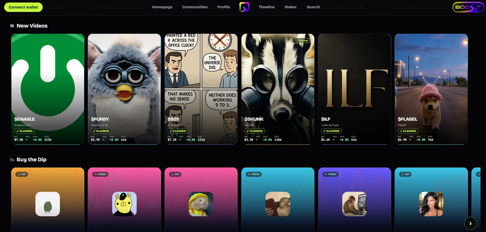 The Skripe deck grid on the web app: a New Videos row and a Buy the Dip row of real coin cards