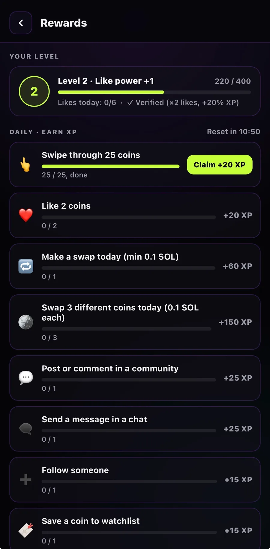 The rewards screen: level, like power and the daily XP quests with a reset timer
