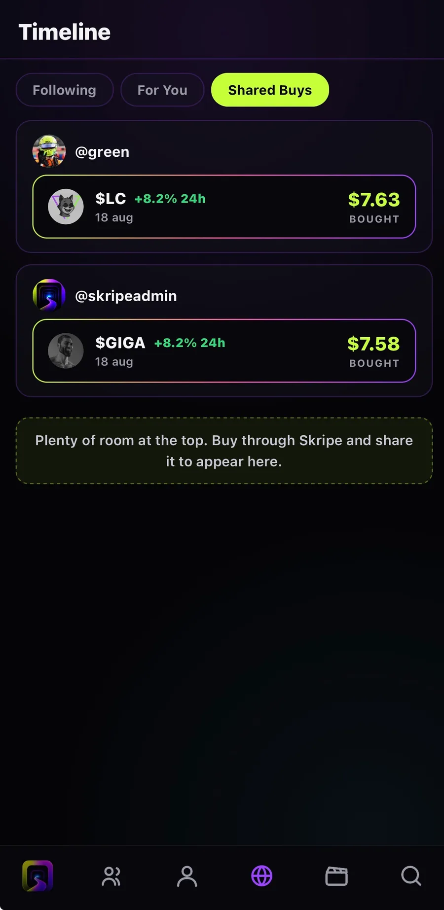 The Shared Buys tab: real buys made through Skripe with the coin, the amount and the 24h move