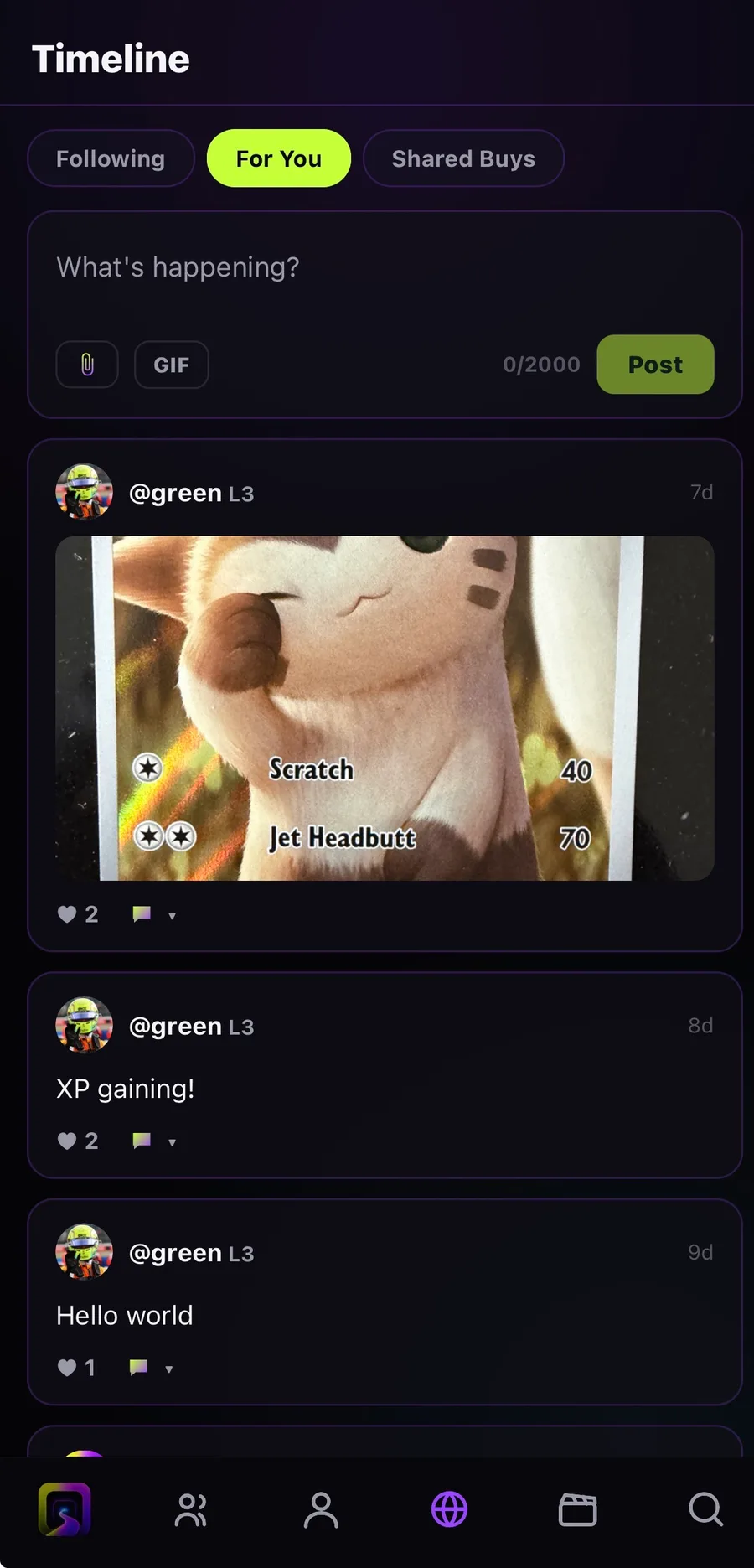 The Skripe timeline on For You: a composer with photo and GIF, and posts with hearts and replies